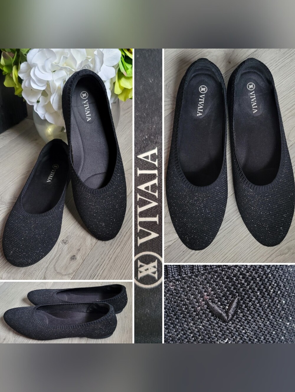 Vivaia Claire Round Toe Black Metallic Shimmer Ballet Flats, Women US 6.5 EU 37